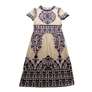 Blue and White Porcelain Print Short Sleeve Maxi Dress Floral Mandala Tile NWOT